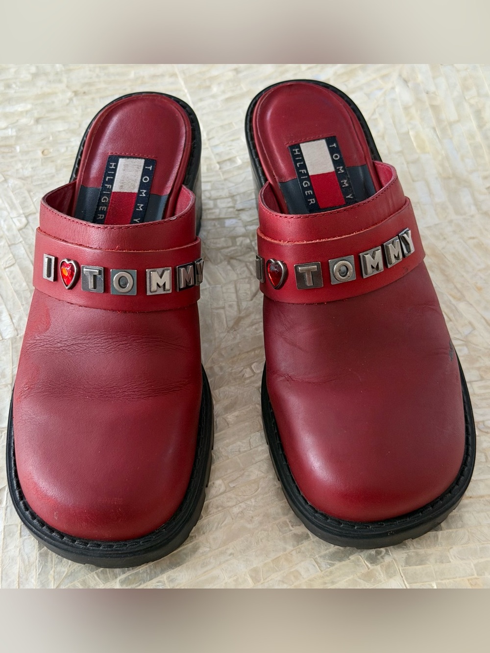 Tommy Hilfiger Red Leather Clog Mules Heart Studded Logo Vintage Y2K Size 6